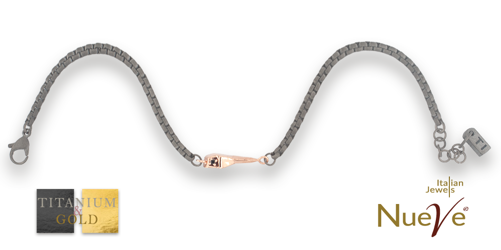 Bracciale Titanio e Oro 9 kt con diam.ti neri * Fortuna "Il cornetto" * - NUEVE GIOIELLI