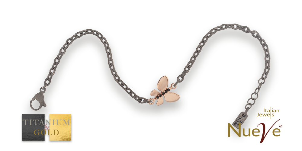 Bracciale Titanio e Oro 9 kt con diam.ti neri * Fortuna "La Farfalla" * - NUEVE GIOIELLI