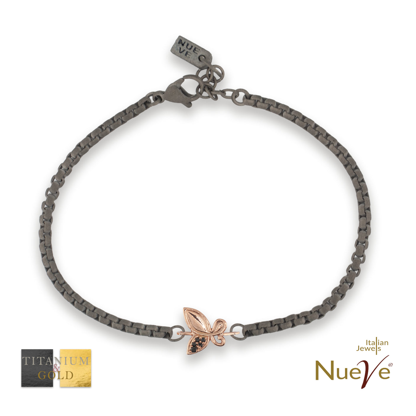 Bracciale Titanio e Oro 9 kt con diam.ti neri * Fortuna "La Farfalla" * - NUEVE GIOIELLI