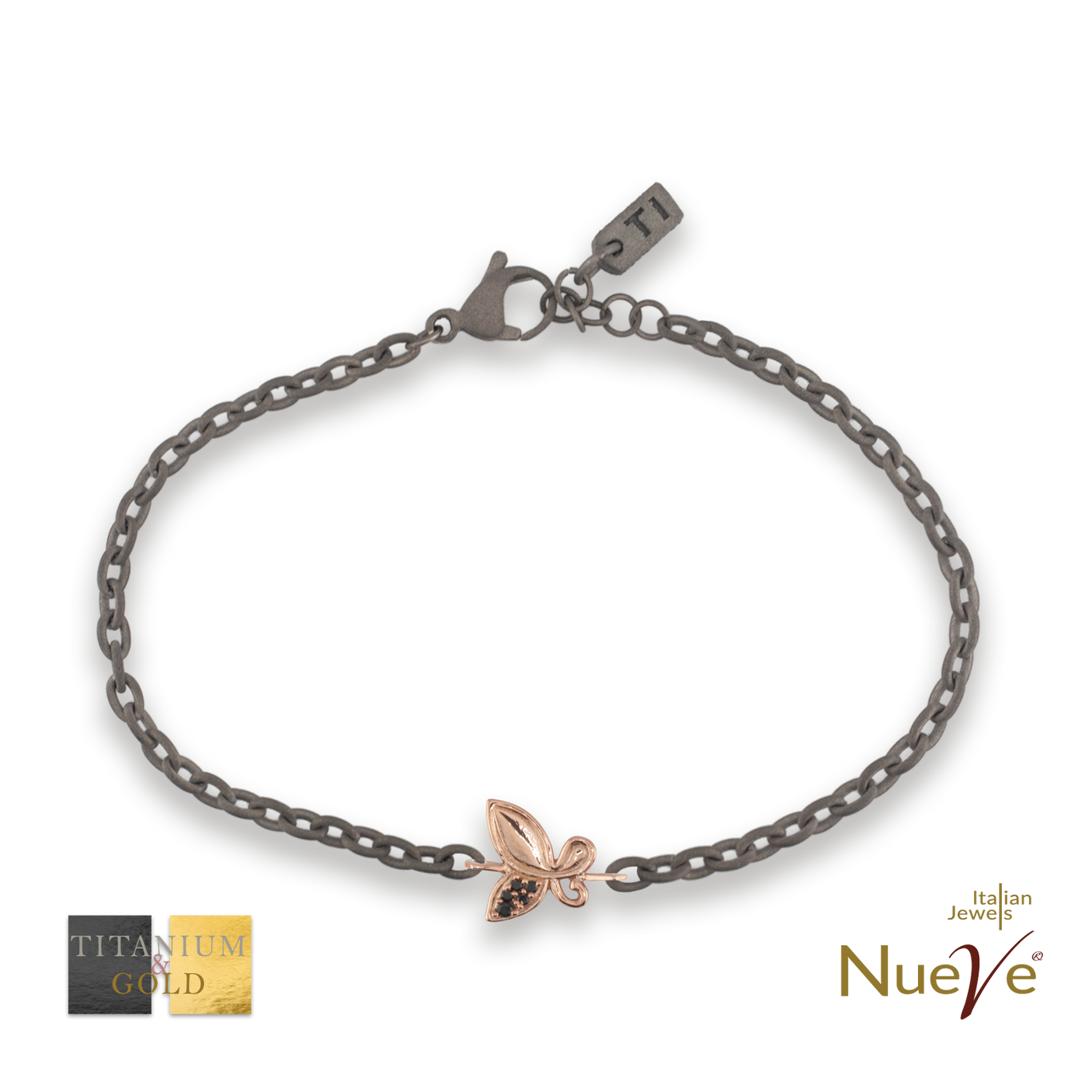 Bracciale Titanio e Oro 9 kt con diam.ti neri * Fortuna "La Farfalla" * - NUEVE GIOIELLI