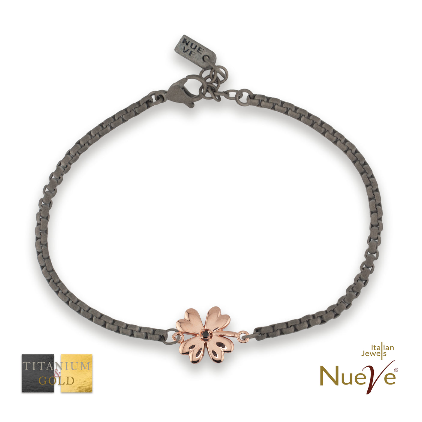 Bracciale Titanio e Oro 9 kt con diam.ti neri * Fortuna "Quadrifoglio" * - NUEVE GIOIELLI