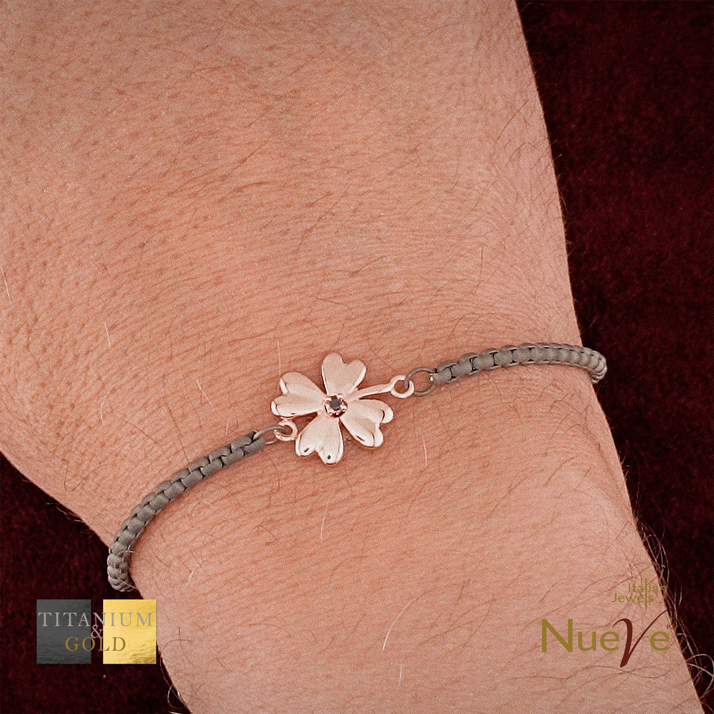 Bracciale Titanio e Oro 9 kt con diam.ti neri * Fortuna "Quadrifoglio" * - NUEVE GIOIELLI