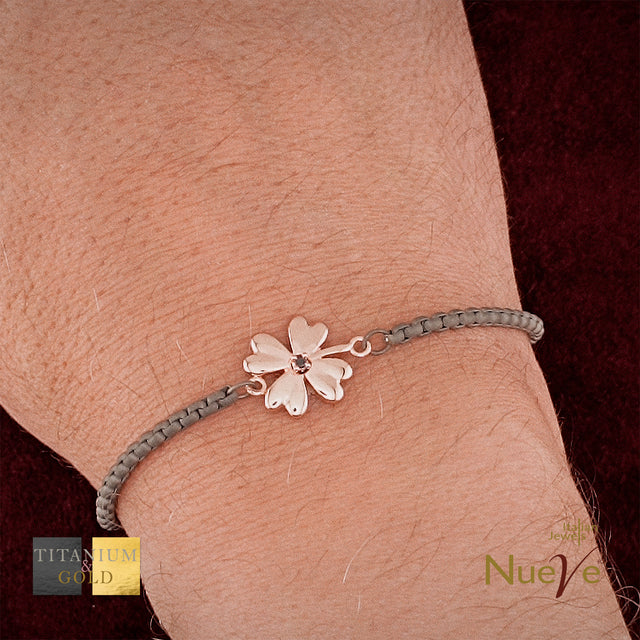 Bracciale Titanio e Oro 9 kt con diam.ti neri * Fortuna "Quadrifoglio" * - NUEVE GIOIELLI