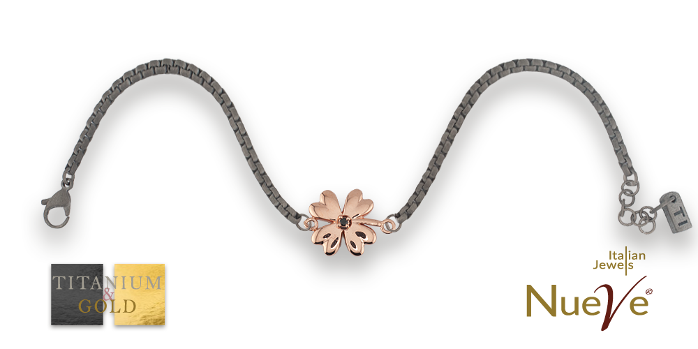 Bracciale Titanio e Oro 9 kt con diam.ti neri * Fortuna "Quadrifoglio" * - NUEVE GIOIELLI