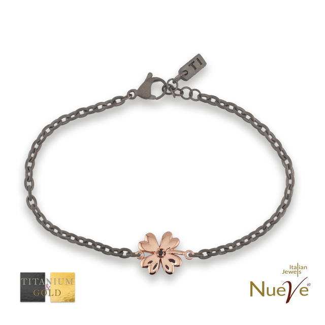 Bracciale Titanio e Oro 9 kt con diam.ti neri * Fortuna "Quadrifoglio" * - NUEVE GIOIELLI