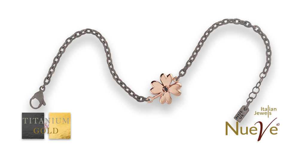 Bracciale Titanio e Oro 9 kt con diam.ti neri * Fortuna "Quadrifoglio" * - NUEVE GIOIELLI