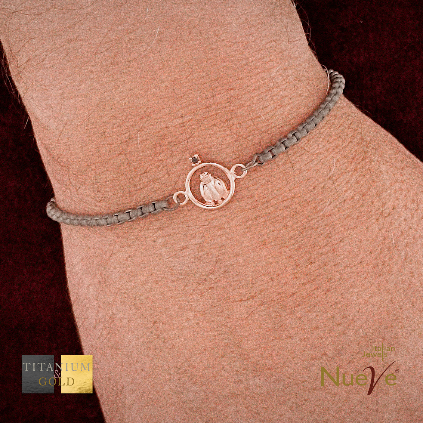 Bracciale Titanio e Oro 9 kt con diam.ti neri * Fortuna "Coccinella" * - NUEVE GIOIELLI