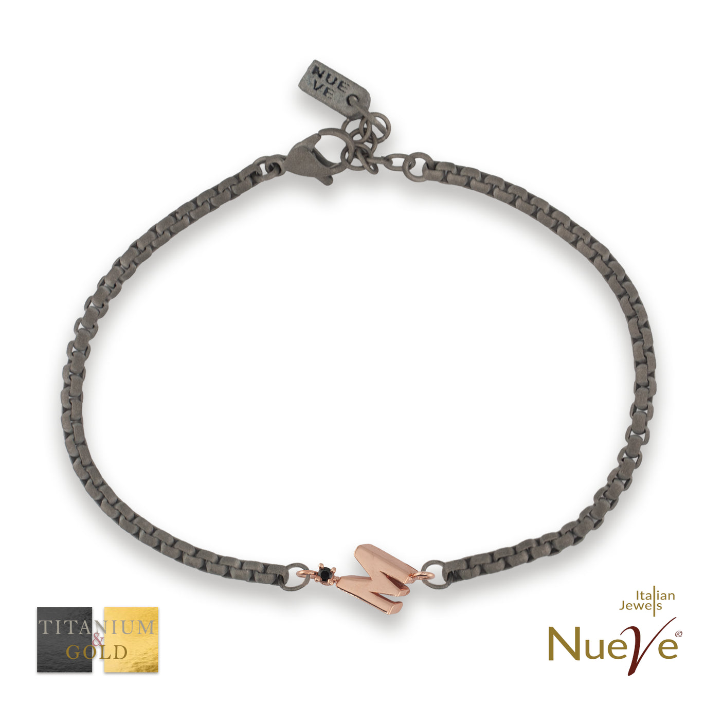 Bracciale Titanio e Oro 9 kt con diam.ti neri * Lettere 3D * - NUEVE GIOIELLI