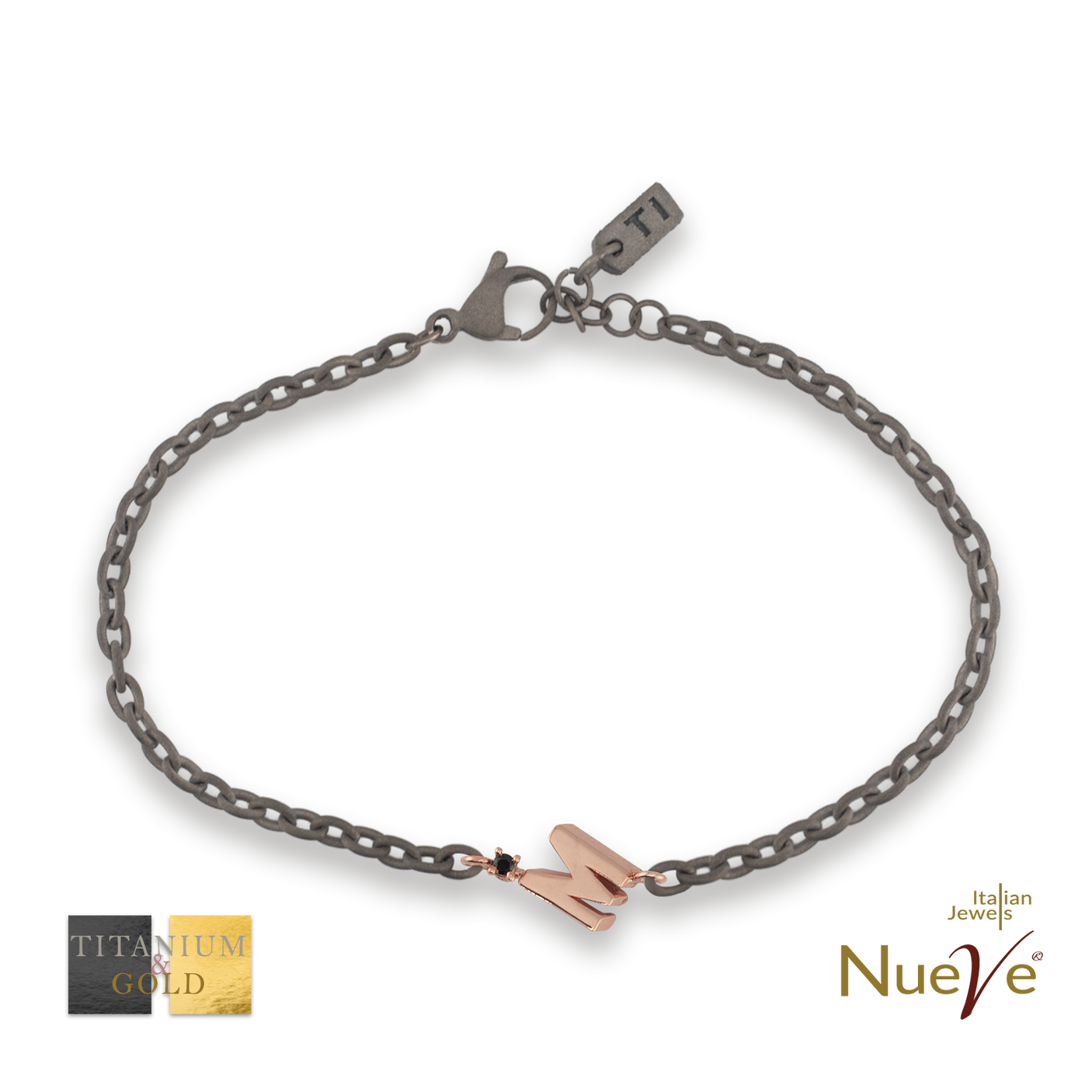Bracciale Titanio e Oro 9 kt con diam.ti neri * Lettere 3D * - NUEVE GIOIELLI