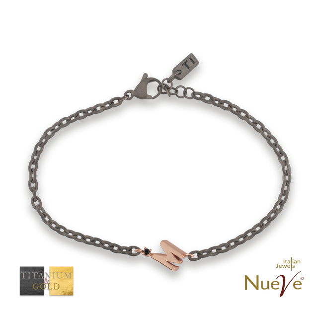 Bracciale Titanio e Oro 9 kt con diam.ti neri * Lettere 3D * - NUEVE GIOIELLI