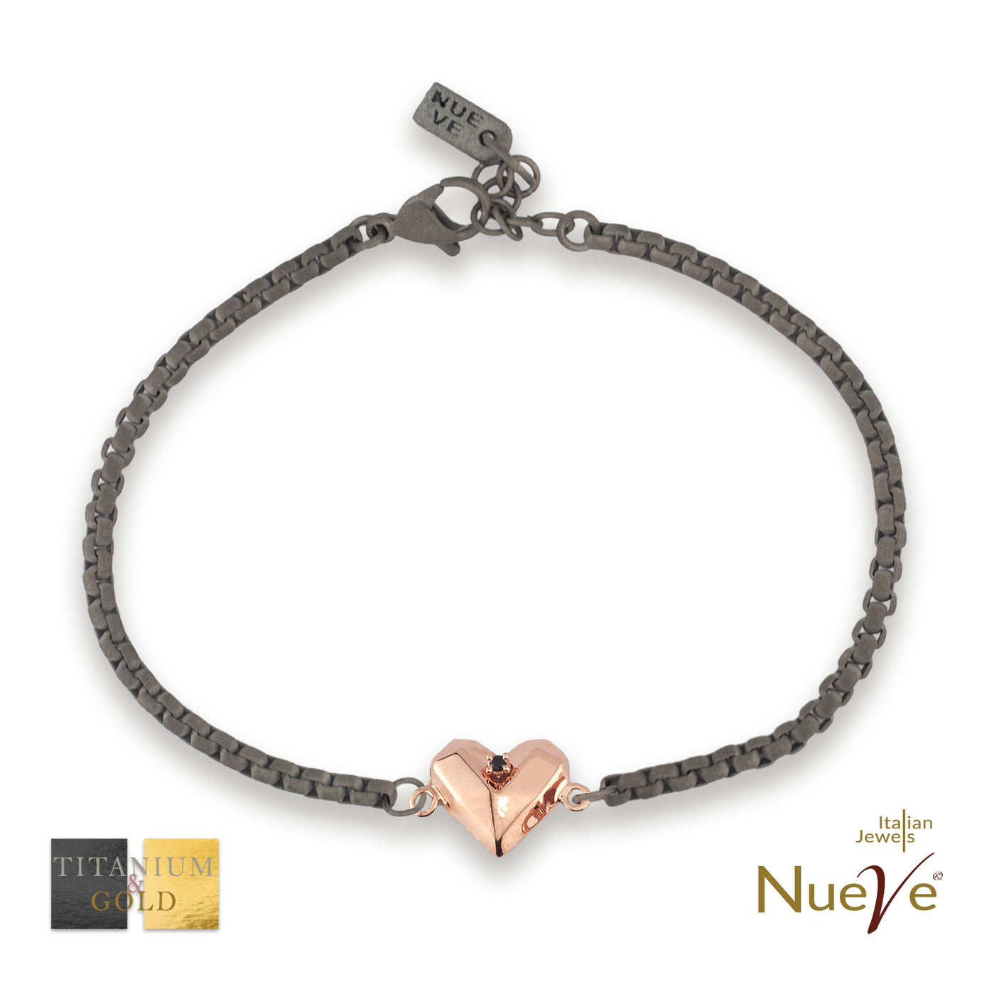 Bracciale Titanio e Oro 9 kt con diam.ti neri * Cuore * - NUEVE GIOIELLI