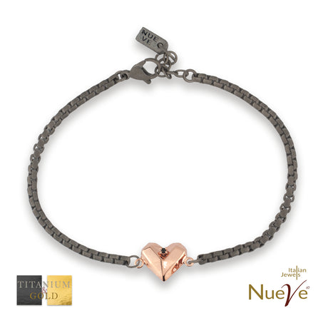 Bracciale Titanio e Oro 9 kt con diam.ti neri * Cuore * - NUEVE GIOIELLI