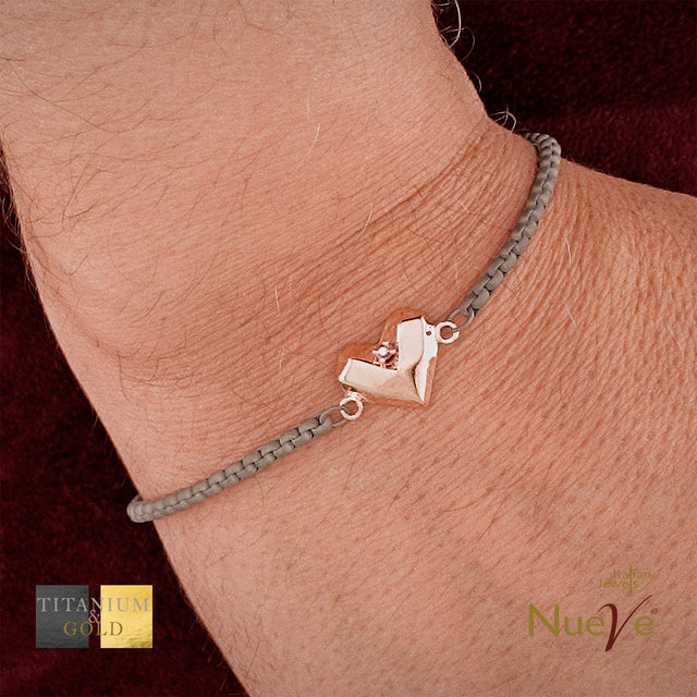 Bracciale Titanio e Oro 9 kt con diam.ti neri * Cuore * - NUEVE GIOIELLI