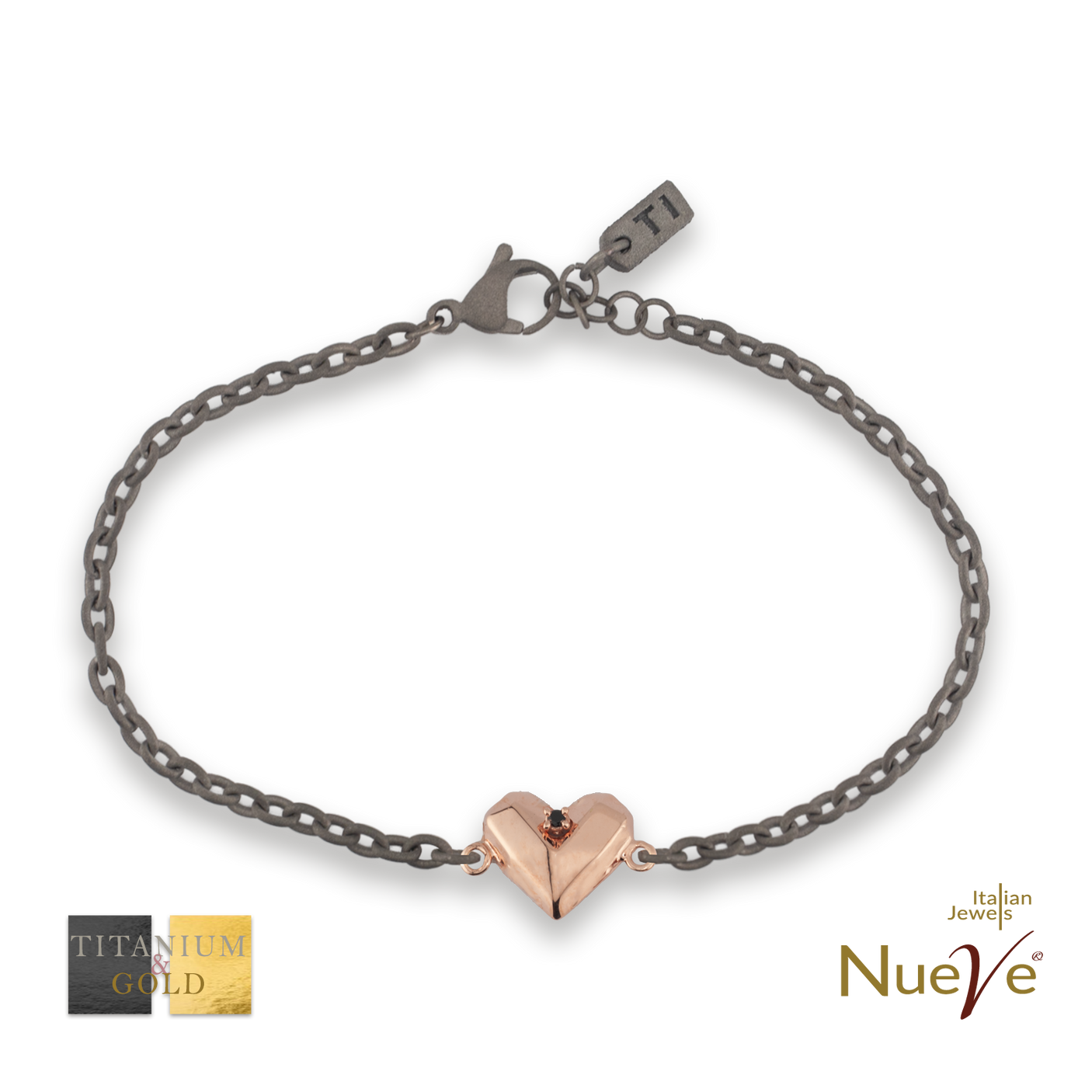 Bracciale Titanio e Oro 9 kt con diam.ti neri * Cuore * - NUEVE GIOIELLI