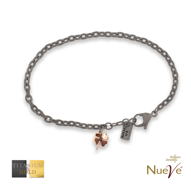Bracciale Titanio e Oro 9 kt * Charms "Quadrifoglio" * - NUEVE GIOIELLI
