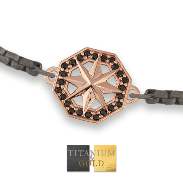 Bracciale Titanio e Oro 9 kt con diamanti neri * La rosa dei venti * - NUEVE GIOIELLI